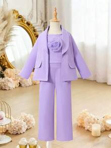 3件套少女都市优雅西装外套、3D花卉背心和裤子套装 - 淡紫色 - 查看 3