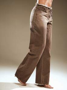 Denimoi Low Rise Lace Up Front Closer Washed Frayed Waist Denim Jeans Sexy Jeans Sexy Fashionable - Brown - View 4