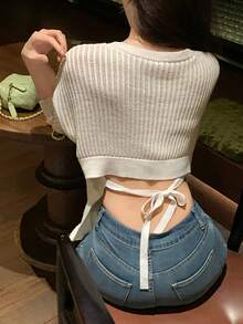DAZY Áo thun nữ cổ tròn, màu trơn, buộc dây, kiểu Hàn Quốc, thích hợp cho mùa xuân/hè. - Màu be - Xem 4