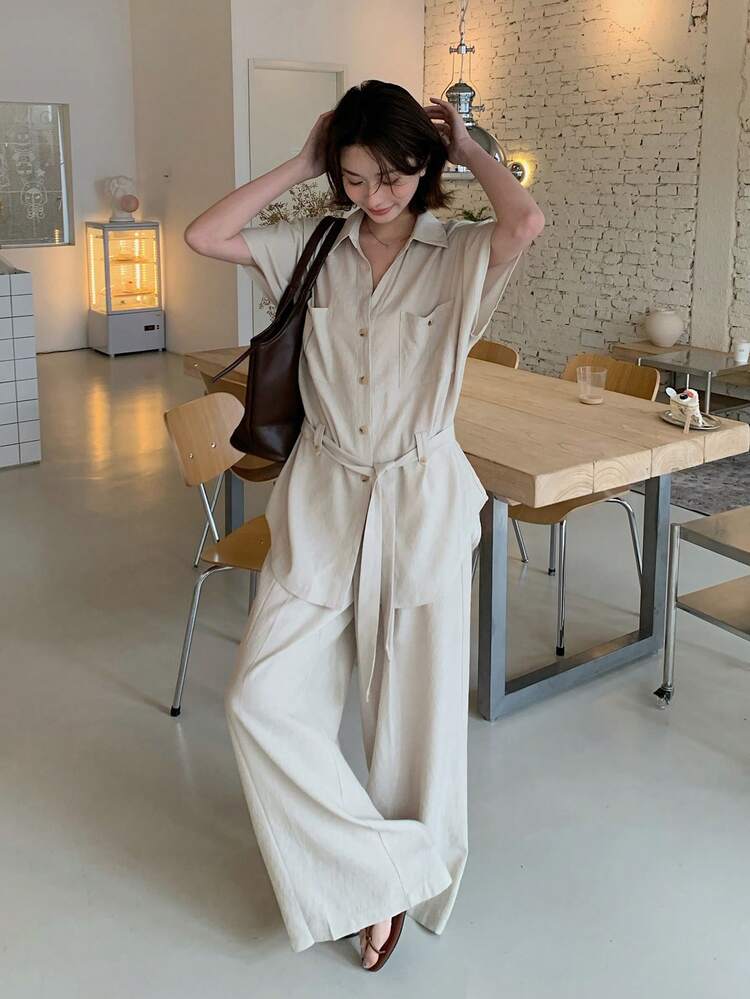 Women's Solid Color Casual Tie-Up Collar Shirt And Elongated Pants 2 Pieces Set Lounge Sets For Women