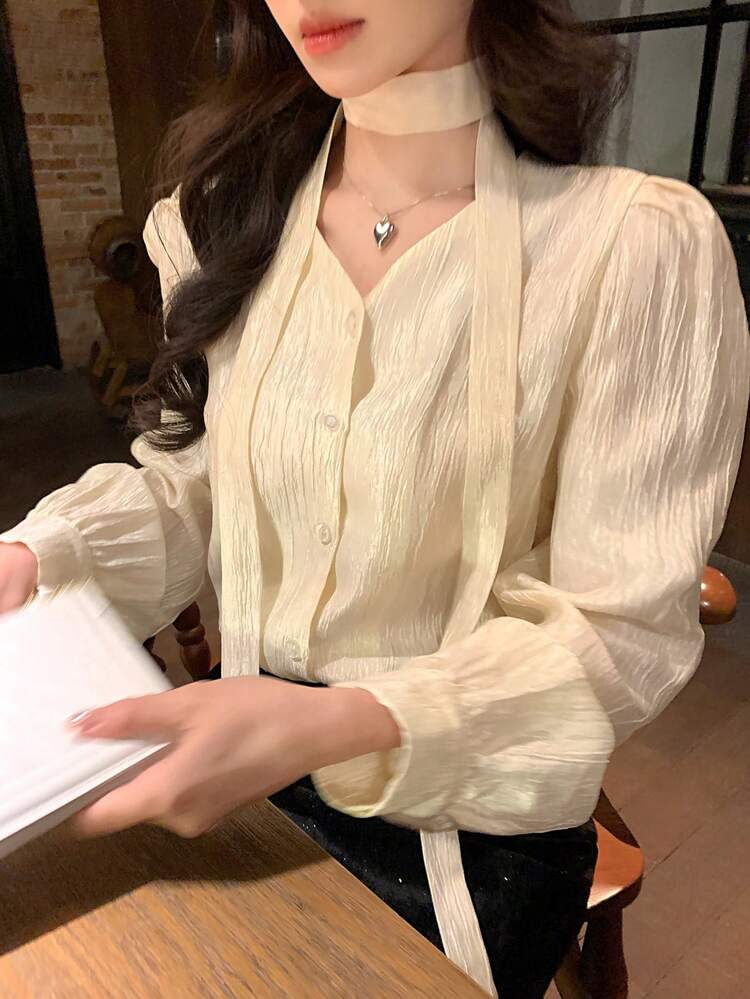 Women's Autumn French Style V-Neck Halter Ribbon Shiny Loose Casual Versatile Long Sleeve Blouse Spring