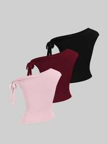 Sweetra 3件套女士纯色休闲简约斜肩上衣套装 - 彩色 - 查看 2