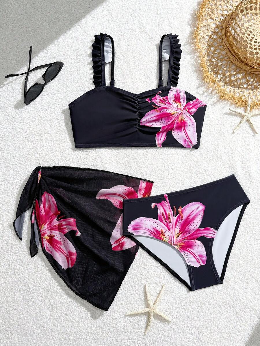 SHEIN Teen Girls Floral Print Bikini Sets,Ruffled Strap 3-Piece Swimwear With Cover-Up Skirt,Knitted Modest Bathing Suit For Summer,Beach,Vacation,Holiday - Black - View 1