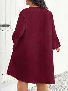 SHEIN CURVE+ Plus Size Holiday Casual White Flared Sleeve Bohemian Style Linen Dress Boho Vacation - Burgundy - View 2