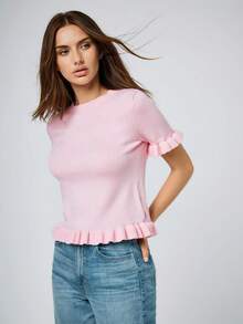 Maija 女士纯色荷叶边后系带优雅短袖毛衣 - 粉色 - 查看 7