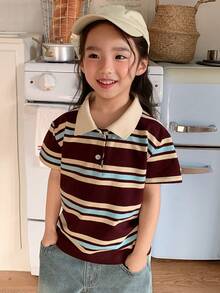 DAZY Young Girls Polo Collar Striped Casual Short Sleeve T-Shirt Spring - Coffee Brown - View 7