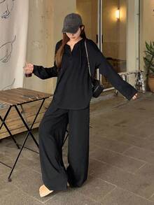 DAZY 女士纯色纽扣半开襟落肩长袖连帽上衣和裤子休闲两件套，适合秋冬季居家休闲穿着。 - 黑色 - 查看 4