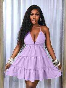 BamGleam Women's Solid Color Minimalist Casual Backless Tie Strap Dress - Mauve Purple - View 6