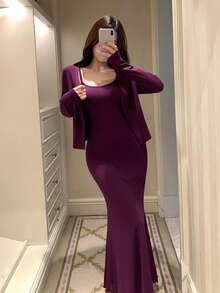 DAZY 纯色针织开衫和修身长裙家居服套装（女士） - 紫色 - 查看 6