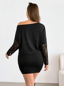 SHEIN Essnce Plus-Size Women's Elegant Sexy 70's Black Autumn Party Night Dress, Casual Off-Shoulder Lace Sleeves Short Curve Dress, High-Elasticity Spring Outfits - Black - View 2
