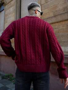 Artur Kramer White Yue Casual Thick Twist Rope Button Drop Shoulder Round Neck Sweater For Men, Suitable For Commuting, Autumn/Winter New, Christmas, New Year And Other Occasions, Long Sleeve Top - Red - View 2