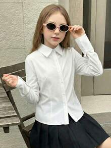SHEIN 青少年女孩优雅纯白色灯笼袖裹身衬衫（配领带），适合日常穿着和返校穿着 - 白色 - 查看 6