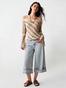 Bohemela Casual Knitted Pattern Lace Off-Shoulder Long Sleeve Slim Fit Women's T-Shirt Valentines For Women Valentine's Day Summer Elegant Spring Women Summer - Apricot - View 5