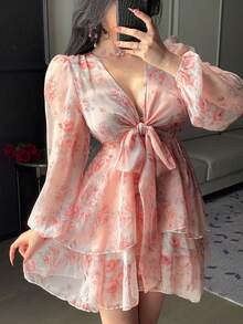 DAZY French Style Pink Floral V-Neck Long Sleeve Dress, Tie-Waist Chiffon A-Line Mini Dress, Spring - Baby Pink - View 8