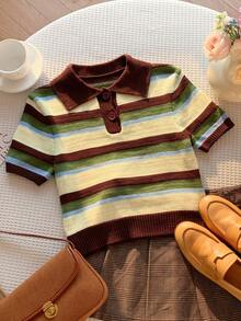 Comfortcana Multicolor Ombre Collared Pullover Knit Sweater - Multicolor - View 3