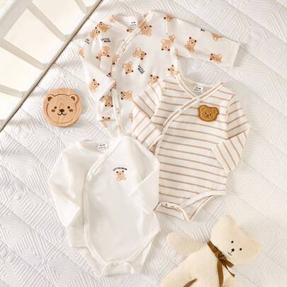 3pcs/Set Newborn Baby Boy Autumn Casual Solid Color Long Sleeve T-Shirt, Cute Bear Cartoon Bodysuit Outfit Neutral Baby Clothes New Born Neutral Outfi