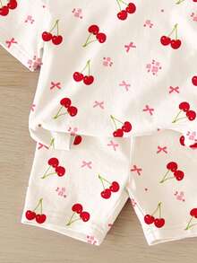 SHEIN 2pcs/Set Young Girl Casual Loose Fit Cherry, Floral, Bow Print Short Sleeve Round Neck T-Shirt And Skinny Cycling Shorts, Suitable For Spring/Summer Daily, Home, School, Outings - Multicolor - View 6