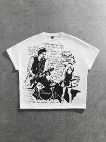 ROMWE MEN Grunge Punk Áo thun nam tay ngắn in hình vẽ tay, kiểu dáng thường ngày. - trắng - Xem 1
