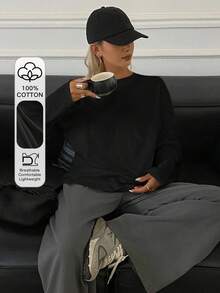 Livesso 女式纯色时尚宽松长袖圆领T恤 - 黑色 - 查看 1