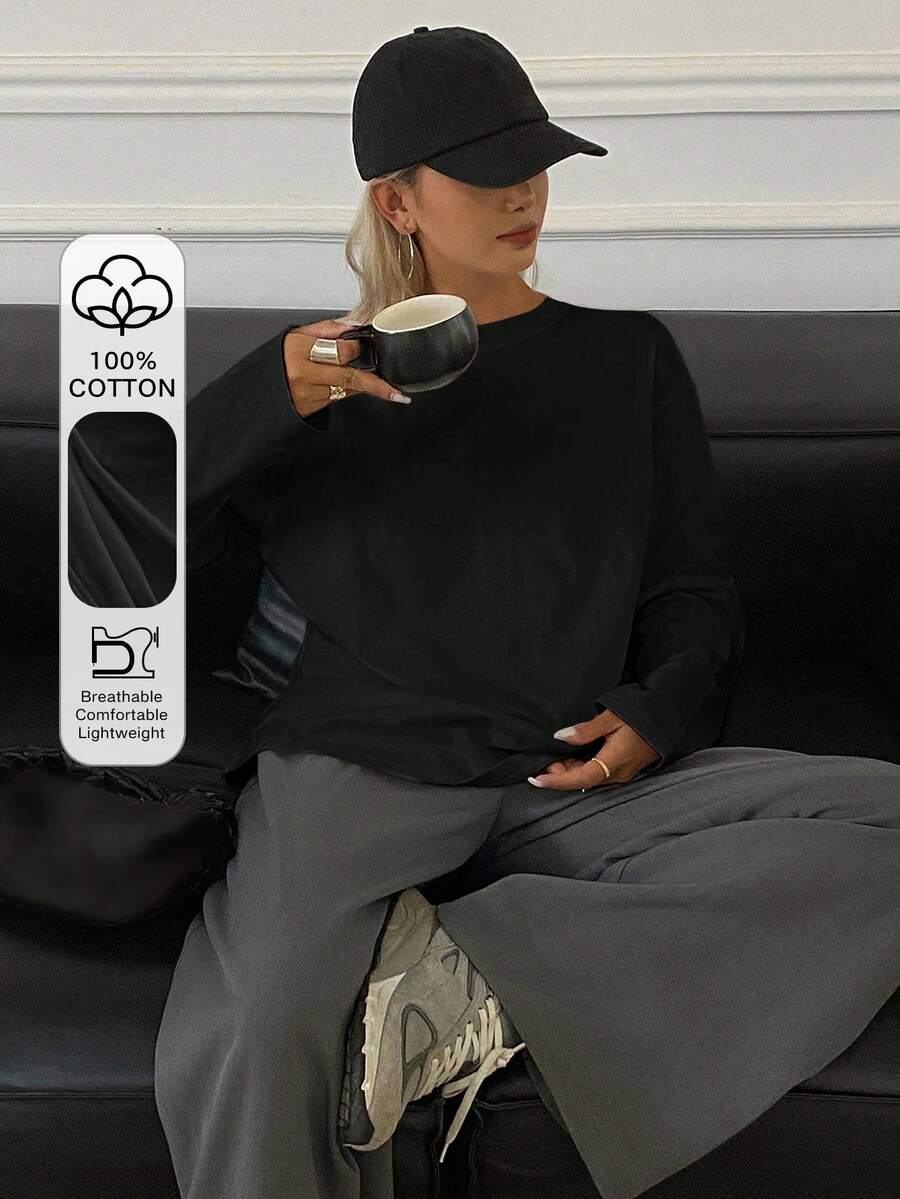 Livesso Women's Solid Color Fashionable Loose Fit Long Sleeve Round Neck T-Shirt - Black - View 1