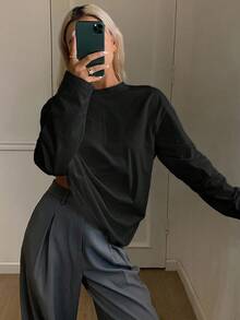 Livesso 女式纯色时尚宽松长袖圆领T恤 - 黑色 - 查看 2