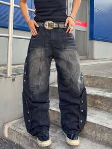 Manfinity EMRG Vintage Streetwear Fashion Niche Versatile Design Distressed Buttoned Patchwork Straight Leg Loose Fit Jeans New Vintage - Black - View 3