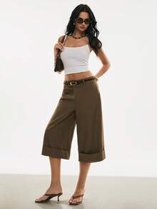 Poéselle Quần lửng ống rộng đơn sắc, đa năng dành cho nữ. - màu nâu - Xem 6