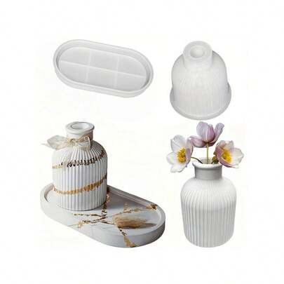 Vase Tray Silicone Molds Set, Oval Coaster Molds And Bottle Container Molds, Round Vase Molds, For Storage Bottle Candlestick Candy Container Epoxy Resin Casting Crafts Plants Pot Gift
