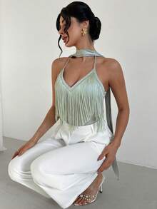 Firerie 女士优雅简约时尚浪漫通勤都市波西米亚风音乐节派对婚礼宾客约会V领流苏系带露背无袖吊带背心，浅绿色 - 綠色 - 查看 7
