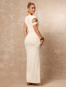 Lumalex 女士纯色圆领扭褶腰身优雅长款派对连衣裙 - 杏色 - 查看 3