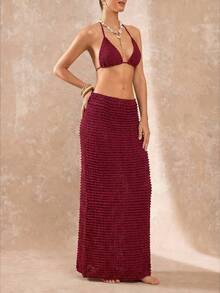 Lumalex Burgundy,Summer,Boho,Beach Vacation,Holiday Wine Red Knitted Skirt,Layered Texture Crinkled Ruffle Back Slit Detail Body-Skimming Fit Cover Up Skit - Multicolor - View 8