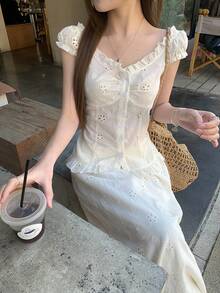 DAZY 女士V领蕾丝休闲韩版衬衫+半裙两件套 - 白色 - 查看 9