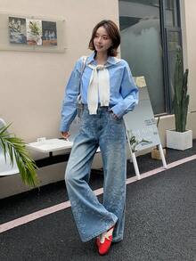 DAZY Quần jeans nữ ống rộng dáng suông in hoa kiểu Hàn Quốc, màu ombre, giặt mài. - Màu xanh lam - Xem 9