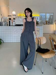 DAZY 女士条纹梭织吊带裤两件套，韩版 - 灰色 - 查看 6