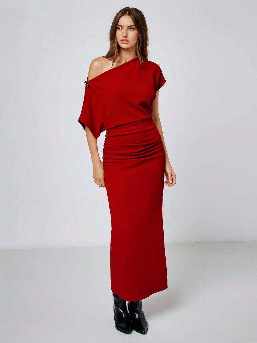 Maija Red Asymmetric-Shoulder Bodycon Dress, Elegant & Fitted, Romantic For Valentine's Day