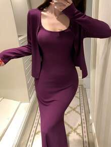 DAZY 纯色针织开衫和修身长裙家居服套装（女士） - 紫色 - 查看 3