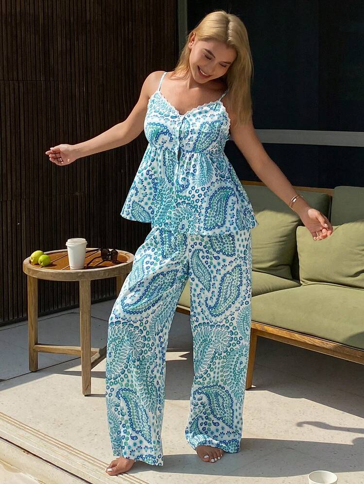 Beach Vacation Style All-Over Print Camisole And Pants Women Pajama Set