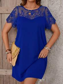 SHEIN Clasi Đầm ren viền lượn sóng tương phản, đầm màu xanh hoàng gia, đầm tay ngắn, đầm đi biển màu xanh dương, đầm thường ngày cỡ lớn, đầm xanh dương dành cho nữ. - Xanh đậm - Xem 7