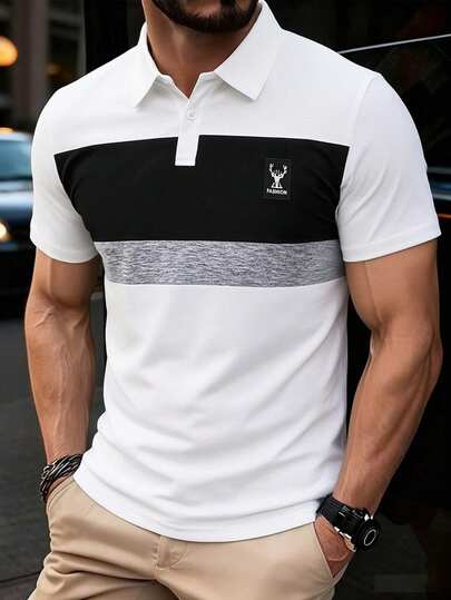 Tonårspojkar, avslappnad pikétröja med smal passform och kortärmad kontrastfärg, lämplig för daglig pendling på sommaren