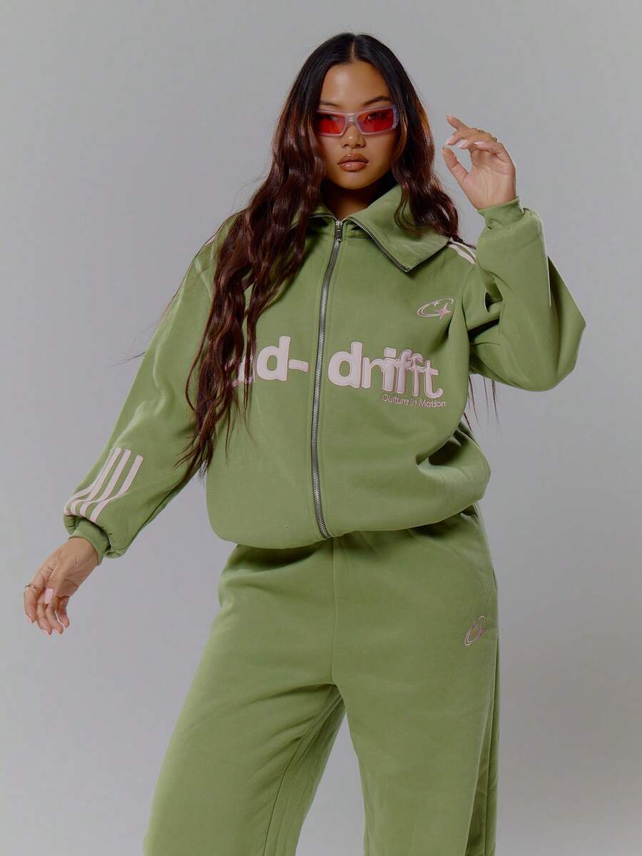 MUSERA Oversized Collar Zip Through Graphic Print Tracksuit Top Only Streetwear Coolgirl Winter Sexy Casual Odd Drift - Army Green - View 1