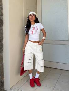 StreetHx Fashionable Casual Street Style Distressed Pocket Low-Waist 7/8 Length Jeans - White - View 3