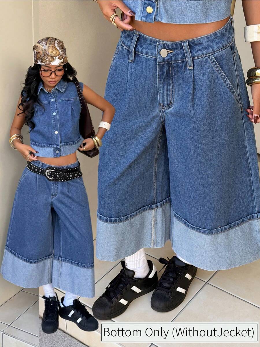 StreetHx Quần jeans nữ ống rộng dài đến mắt cá chân (7/8) thời trang, thoải mái, đa năng. - Rửa trung bình - Xem 1