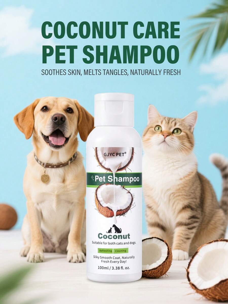 Champú y acondicionador de coco natural para mascotas - Fórmula hidratante 2 en 1 para perros y gatos con aceite de coco, calma la piel seca y deja el pelaje sedoso y brillante, con aroma fresco tropical - 100ml - Ver 1