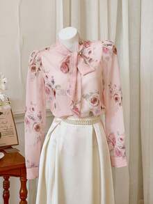 Modelyn Áo sơ mi nữ thanh lịch, in hoa, cổ buộc dây, thích hợp cho công sở. - Nhiều màu - Xem 6