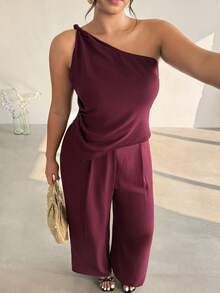 Firerie 大码女式休闲纯色不对称单肩上衣搭配松紧腰裤套装，日常通勤裤套装，女士工作套装，彩色女式套装，春夏服装，通勤，优雅，工作服，教师节 - 酒紅色 - 查看 7