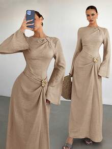 女士纯色扭结细节金属扣装饰喇叭长袖连衣裙，女士婚礼宾客礼服，女士冬季正式礼服 - 卡其色 - 查看 4