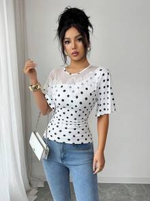 SHEIN Elenzya 女士波点印花时尚圆领网眼拼接T恤 - 白色 - 查看 5