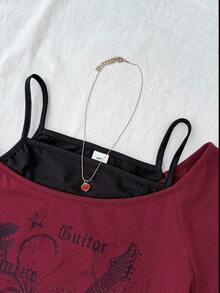 少女Y2K休闲简约黑白波点印花褶皱系带露脐上衣 - 酒紅色 - 查看 3