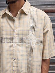 AXEPEAK Men's Plaid Rhinestone Embellished Single-Breasted Casual Commuter Short Sleeve Shirt - Khaki - View 6