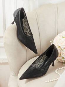 CUCCOO HITCHD Women's Mid Heel Pointed Toe Pumps, Party Shoes Valentine's Day - Mesh black - View 1
